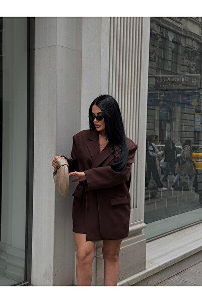 LB Laluna Butik Kadın Kahverengi Özel Tasarım Kruvaze Yandan Bağlamalı Blazer Ceket