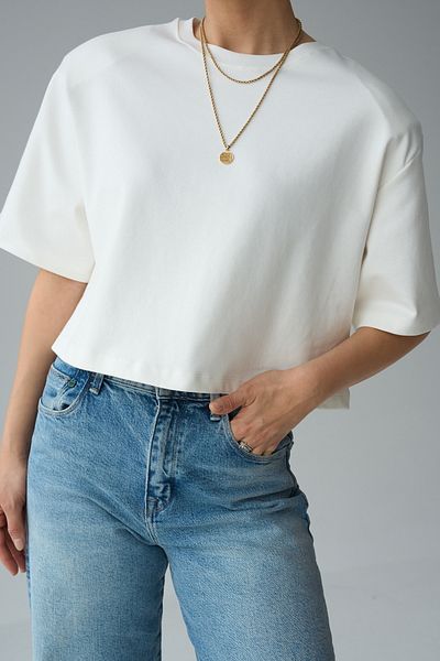 LOOSH Women's Ecru Crew Neck Premium Crop Padded T-Shirt