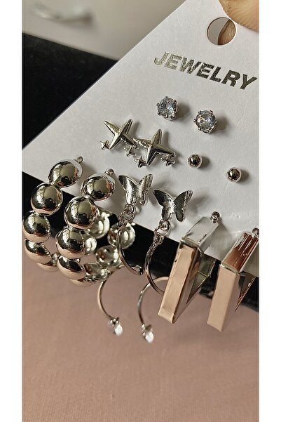 IronMoon Gümüş Renk Kelebek ve Halkalı 12'li Çelik Küpe