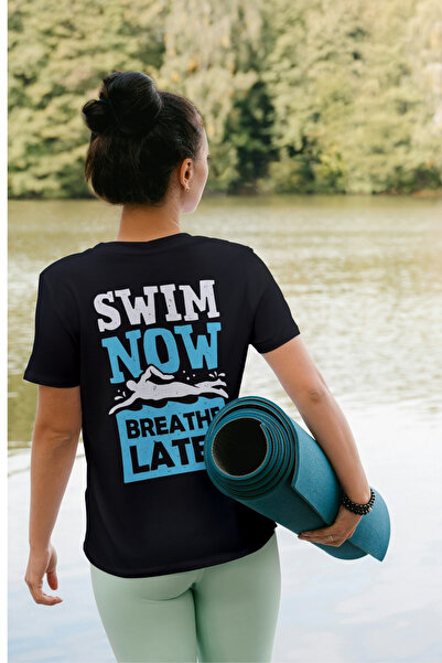 Texclusive تيشيرت سباح - أسود للجنسين، طباعة خلفية