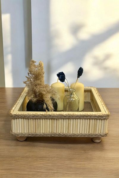 DEKOLOBİ Bamboo Wooden Square Decorative Bohemian Tray 22X22 cm