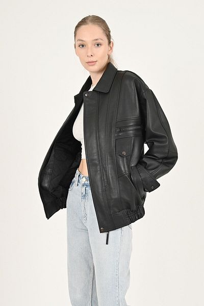 ALİN Beirut Women's Black Oversize Genuine Leather Coat Size Measurements Visually
