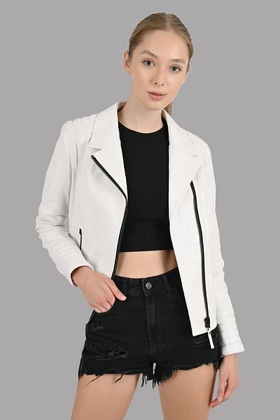 ALİN Alexa Women's White Biker Genuine Leather Jacket Size Measurements Visual