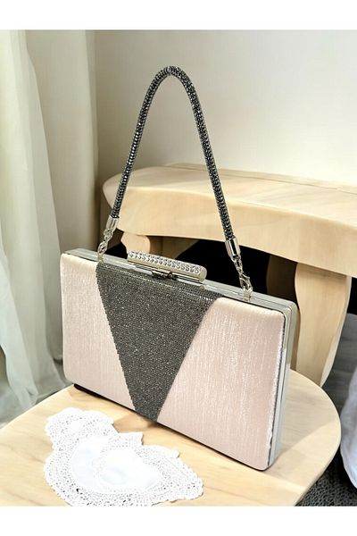 Biçanta Geantă pentru rochie de seară pentru femei, cu mâner din piatră nudă, din satin strălucitor, cu ornamente din piatră de cristal platină