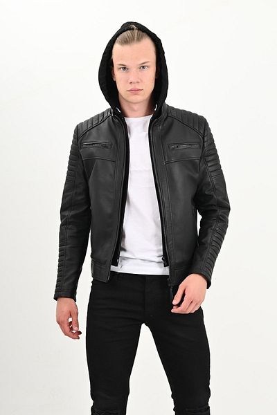 ALİN Sherwood Men's Black Hooded Genuine Leather Coat Size Measurements Visually