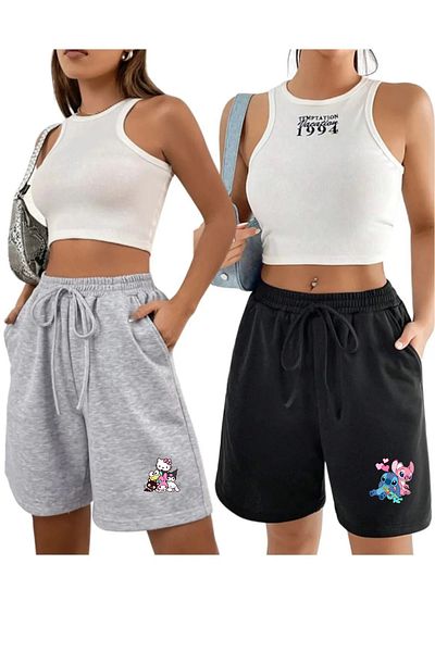 makiteks Negru Gri 2'li Culoare uni Pantaloni scurți obișnuiți pentru femei Lilo Stitch Kuromi Hellokitty