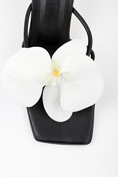 Shoeberry Women's Orchid Black Skin Flower Buckle Heeled Slippers