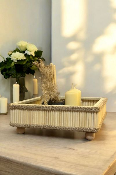 DEKOLOBİ Bamboo Wooden Square Decorative Bohemian Tray 22X22 cm