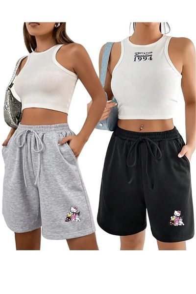 makiteks Negru Gri 2'li Culoare uni Pantaloni scurți obișnuiți pentru femei Lilo Stitch Kuromi Hellokitty