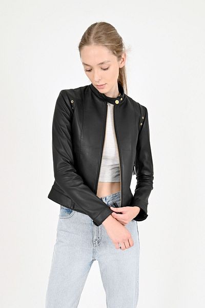 ALİN Rio Women's Short Fit Black Genuine Leather Jacket Size Measurements Visual