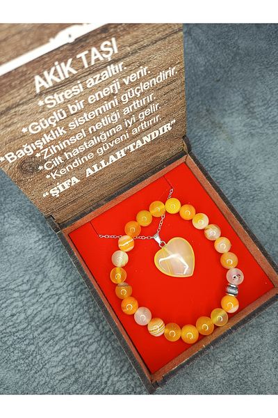 Mos Tespih Agate Stone Natural Stone Necklace and Bracelet Set in Special Box