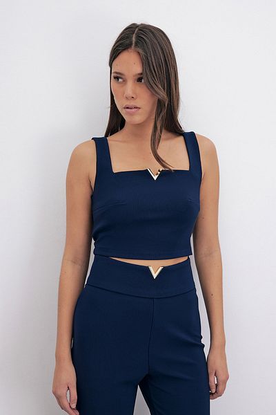 Sateen Navy Blue Blouse with Gold Accessories