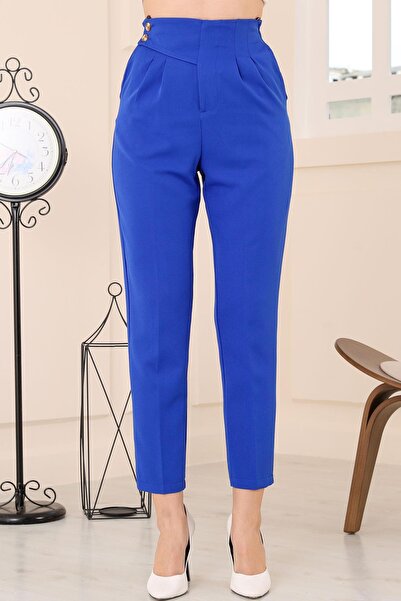 dk denemekabini Kadın Arka Bel Kısmı Lastikli Kemer Detaylı Yüksek Bel Cepli Havuç Kumaş Pantolon - Saks Mavi