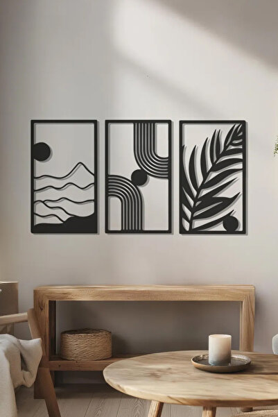Boho İskandinav Stil 3'lü Ahşap Dekoratif Tablo, Minimalist Ahşap Duvar Sanatı