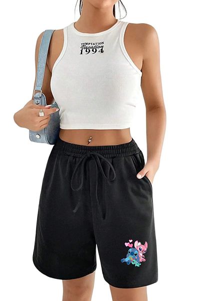 makiteks Negru Gri 2'li Culoare uni Pantaloni scurți obișnuiți pentru femei Lilo Stitch Kuromi Hellokitty