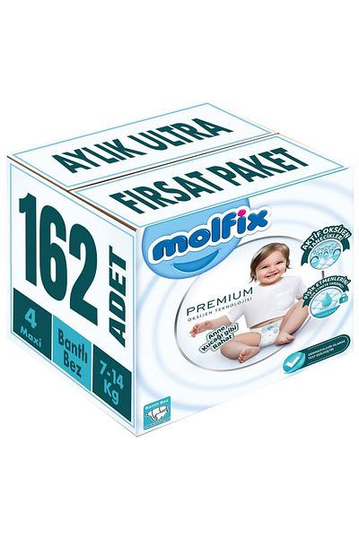 Molfix Premium Baby Diaper Size:4 (7-14kg) Maxi 162 Pieces Monthly Ultra Opportunity Package