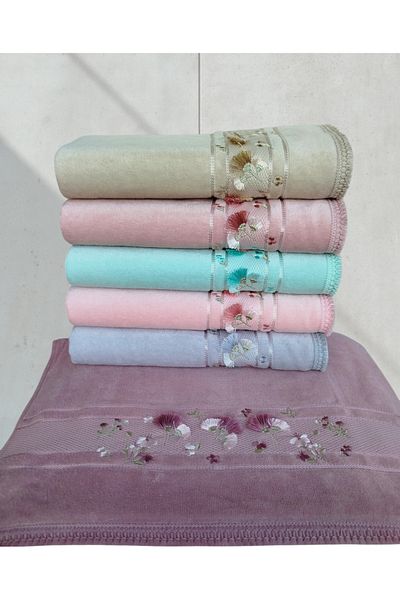 Fiesta Velvet Dual Border 3D Embroidered, Colorful 100% Cotton Hand Face Pool (6 Pcs X 50X90 cm)