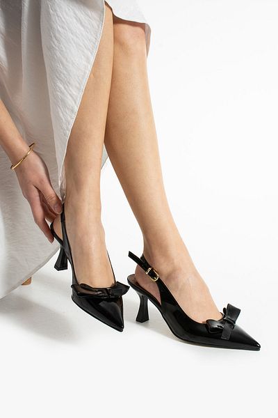 Trendpink Rochie de seara de dama cu fundita din piele lacuita neagra Pantofi cu toc