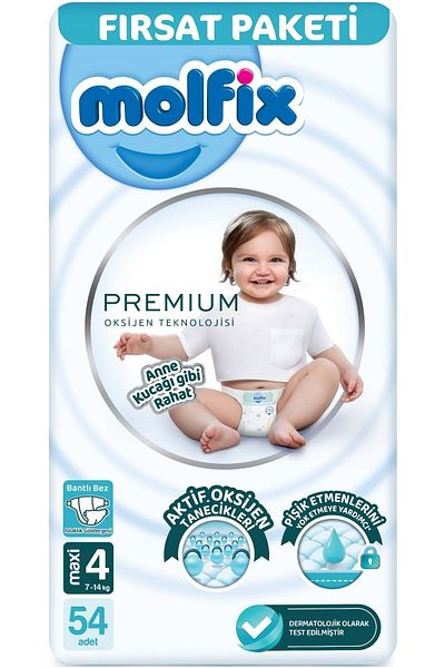 Molfix Premium Baby Diaper Size: 4 (7-14kg) Maxi 108 Pieces and 3 Wet Wipes