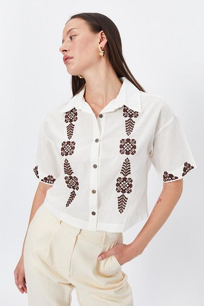 Reyon Ethnic Patterned Short Sleeve White Shirt 34164
