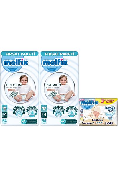 Molfix Premium Baby Diaper Size: 4 (7-14kg) Maxi 108 Pieces and 3 Wet Wipes