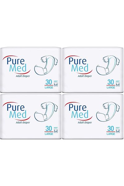 Puremed Large L Patient Diapers - 120 Pieces Textile Surface with Waistband (4Pk*30)