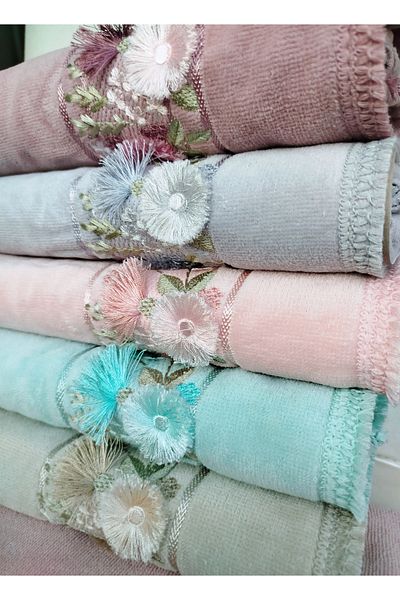 Fiesta 3D Embroidered Velvet Dual Border - 100% Cotton Hand Face Towel - 6 Pieces 50X90 cm
