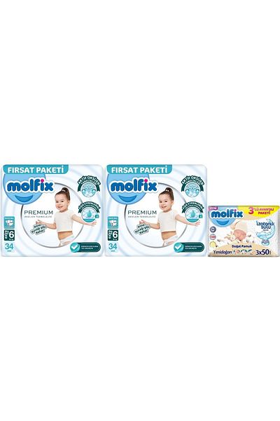 Molfix Premium Baby Diaper Size:6 (15+kg) Extra Large 68 Pieces Fırsat Pk + 3 Wet Wipes