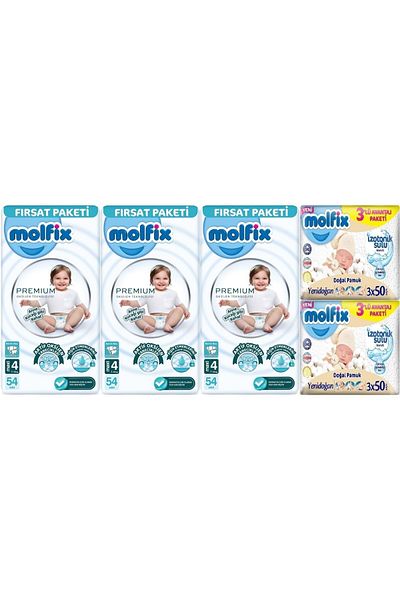 Molfix Premium Baby Diaper Size:4 (7-14kg) Maxi 162 Pieces Fırsat Pk + 6 Wet Wipes