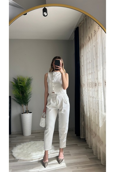 ensbutik Düğme Detaylı Beyaz Yelek Pantolon
