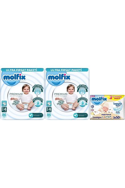 Molfix Premium Baby Diapers 7-14kg, 172 Pieces and International Deal + 3 Wet Wipes