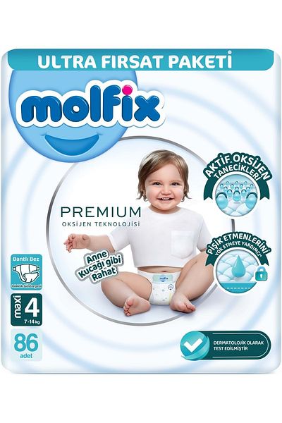 Molfix Premium Baby Diaper 7-14kg, 86 Pieces and 3 Wet Wipes