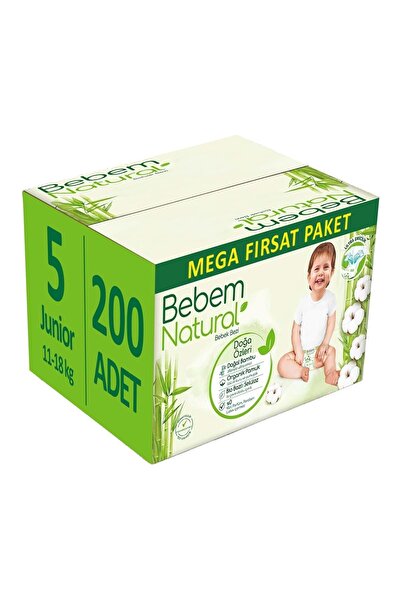 Bebem Natural Bebem Bebek Bezi Natural Beden:5 (11-18Kg) Junior 200 Adet Mega...