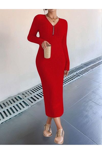 la mode istanbul Aemido Women's Long Sleeve Zipper Detail Ribbed Camisole Fabric Maxi Size Dress