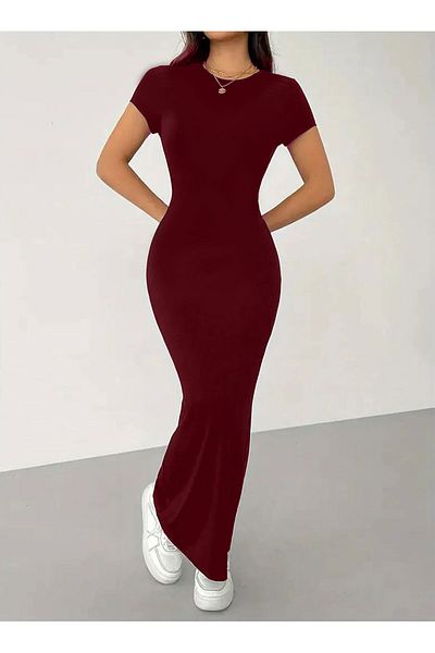 segiza Kurzärmliges, figurbetontes Maxikleid aus Lycra-Spezialstoff in Weinrot
