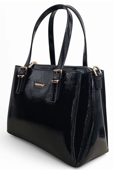 Evident Black Crinkled Patent Leather Adjustable Cross Strap Women's Hand and Shoulder Bag