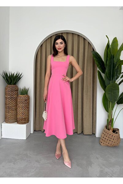 ETİKAFASHION KARE YAKA ASKILI KLOŞ UZUN ELBİSE