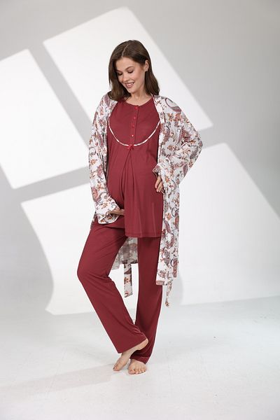 Rimel Homewear Burgundy Patterned Soft Textured Maternity Pajama Set with Dressing Gown