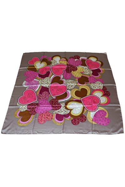 TikiTonki Kalp Desenli Kare Kesim Saten Bej Rengi Eşarp - 90x90