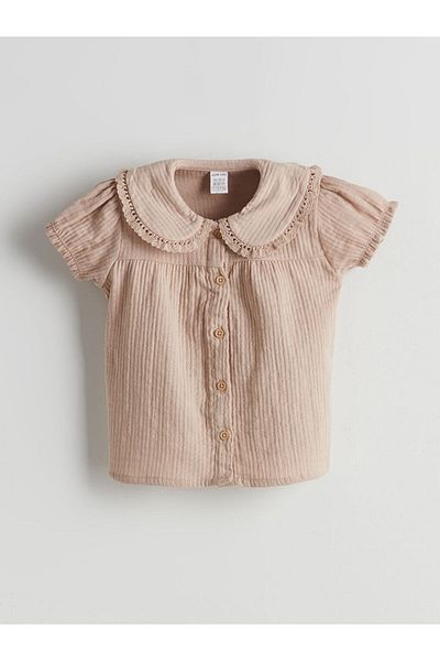 LC Waikiki Beige Muslin Baby Girl Shirt and Shorts 2-Piece