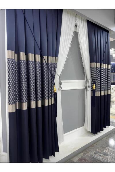 Koral Pano Fon Perde ( 2 Kanat ) -sık Pile -lacivert Renk -yeni Sezon