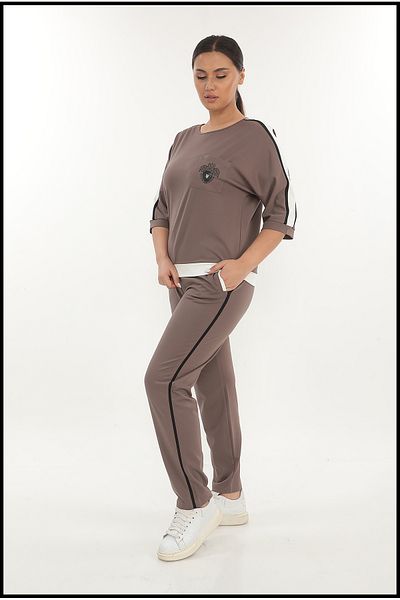 EXİTLİNE Women's Blouse Pocket Stoned Side Double Color Stripe Mink Suit
