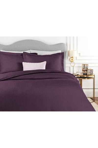 Madame Coco Elicia Gestreiftes Satin-Bettbezug-Set für Super-Kingsize-Betten, Pflaume