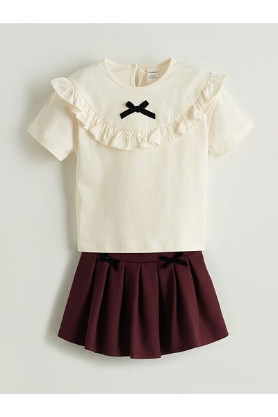 LC Waikiki Lcw Ribbon Detail Girls' Blouse and Skirt 2-Piece