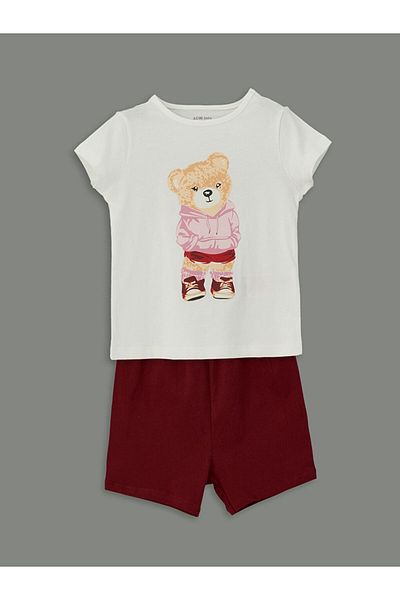 LC Waikiki Bear Teddy Printed Baby Girl T-Shirt and Shorts 2-Piece Set