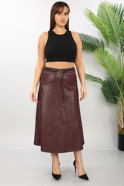 EXİTLİNE Women's Belted Faux Leather Burgundy Skirt