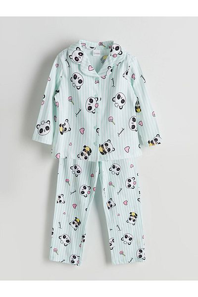 LC Waikiki Lcw Kids Turquoise Printed Combed Cotton Girls Pajama Set
