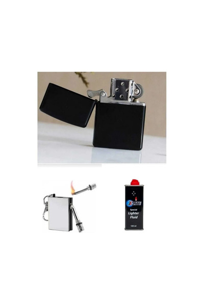 İNDİRİM CENTER Metal Siyah Çakmak + Metal Kibrit + Çakmak Benzini 125 Ml Süpe...