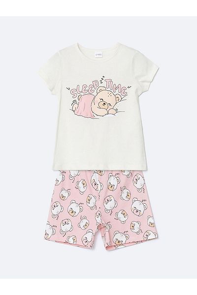 LC Waikiki New Season Printed Girls' Cotton Shorts Pajama Set - S5Fl91Z1