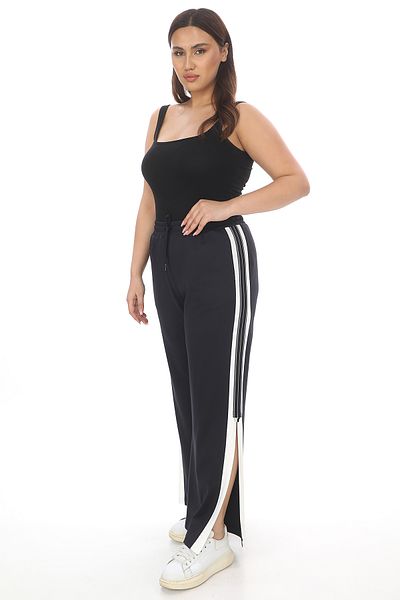 EXİTLİNE Women's Side Stripe Slit Loose Fit Navy Blue Ecru Trousers